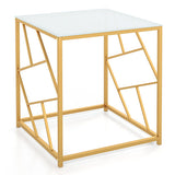 Square End Table with Tempered Glass Tabletop and Gold Finish Geometric Frame-Golden