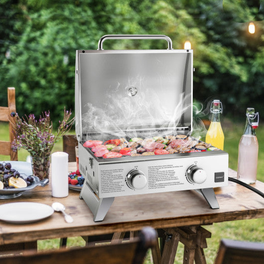 Stainless Steel Propane Grill with Lid for Outdoor Camping Tailgating Picnic Party-Silver