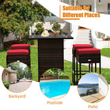 5 Pieces Patio Rattan Bar Table Stool Set Hidden Storage Shelf Cushioned-Red