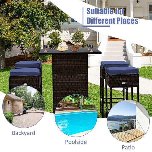 5 Pieces Patio Rattan Bar Table Stool Set Hidden Storage Shelf Cushioned-Navy