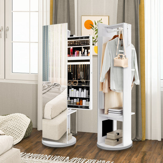 360-Degree Swivel Jewelry Cabinet Armoire with Full Length Mirror and Coat Rack-White