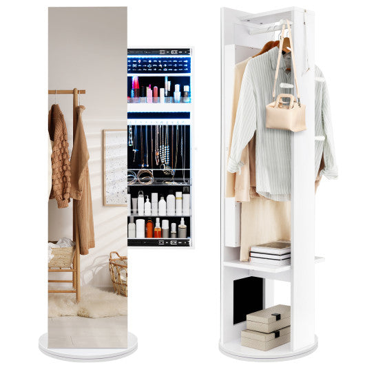 360-Degree Swivel Jewelry Cabinet Armoire with Full Length Mirror and Coat Rack-White