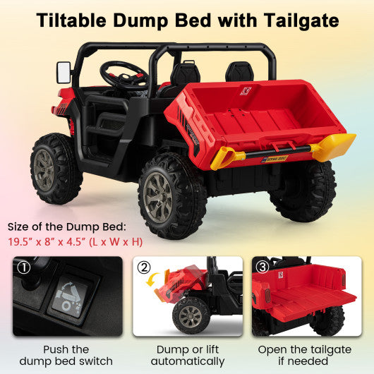 2-Seater Kids Ride On Dump Truck with Dump Bed and Shovel-Red