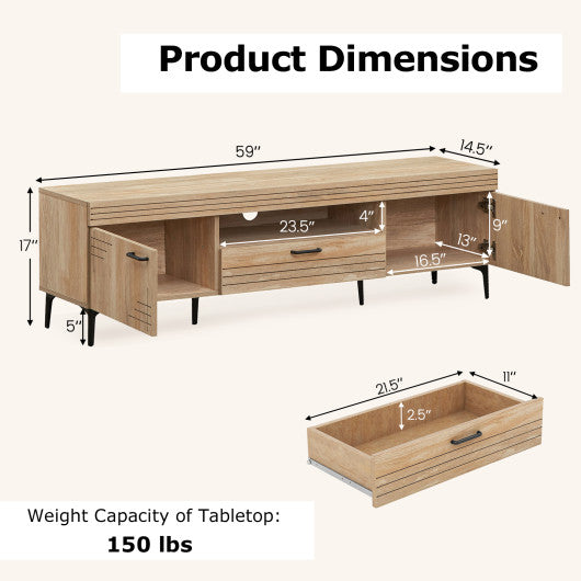 TV Stand with 2 Cabinets and Storage Drawer for 65 Inches TVs-Oak