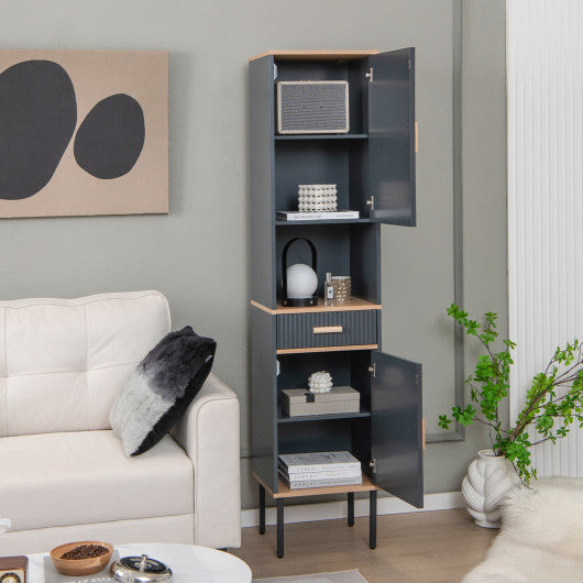 Free-Standing Bathroom Cabinet Narrow Linen with Doors and Drawer-Gray