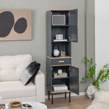 Free-Standing Bathroom Cabinet Narrow Linen with Doors and Drawer-Gray