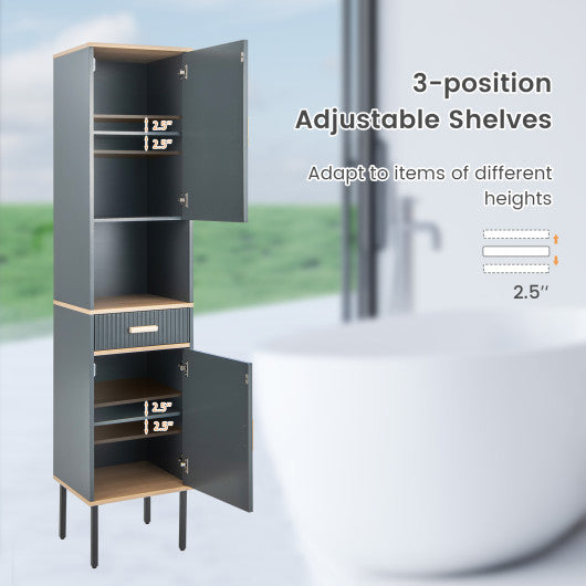Free-Standing Bathroom Cabinet Narrow Linen with Doors and Drawer-Gray