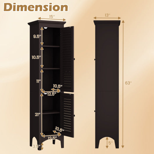 Tall Bathroom Floor Cabinet with Shutter Doors and Adjustable Shelf-Brown