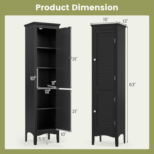 Tall Bathroom Floor Cabinet with Shutter Doors and Adjustable Shelf-Black
