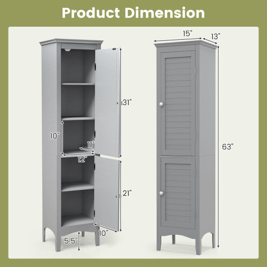 Tall Bathroom Floor Cabinet with Shutter Doors and Adjustable Shelf-Gray