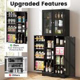 Tall Kitchen Pantry Cabinet with Dual Tempered Glass Doors and Shelves-Black