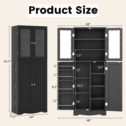 Tall Kitchen Pantry Cabinet with Dual Tempered Glass Doors and Shelves-Black