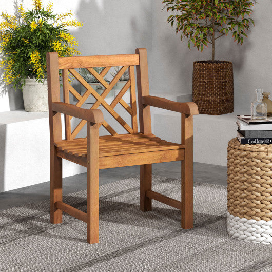 Teak Wood Patio Dining Chair with Slatted Seat Cross-Rhombus Backrest and Solid Legs