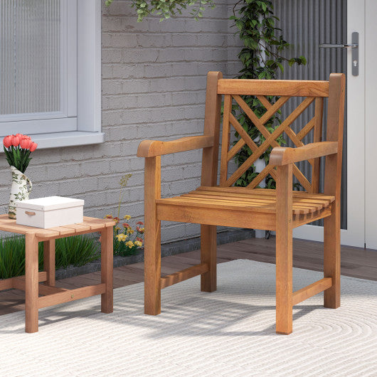 Teak Wood Patio Dining Chair with Slatted Seat Cross-Rhombus Backrest and Solid Legs