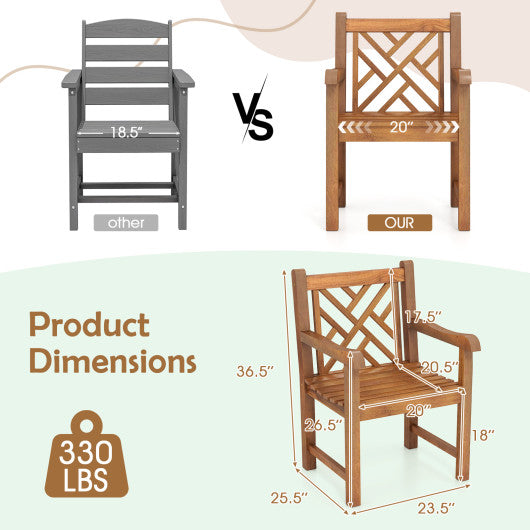 Teak Wood Patio Dining Chair with Slatted Seat Cross-Rhombus Backrest and Solid Legs