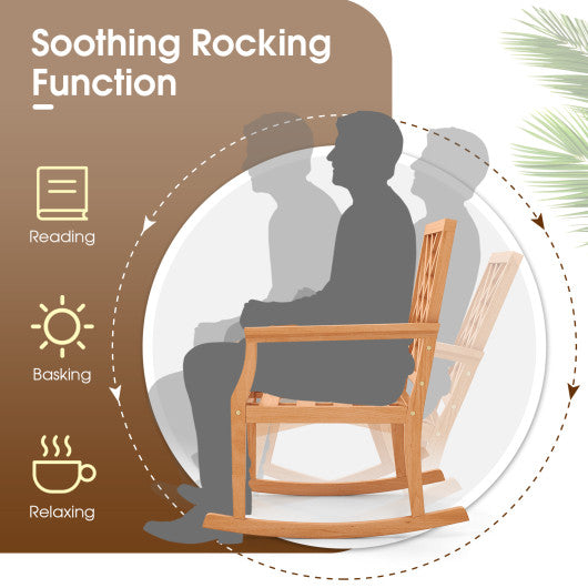 Teak Wood Rocking Chair Oversized Porch Rocker with Backrest and Slatted Seat