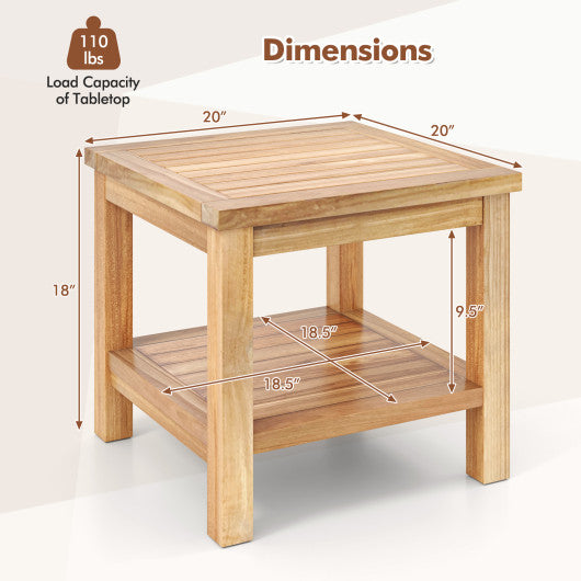 Teak Wood Square Side Table with Open Shelf for Small Space