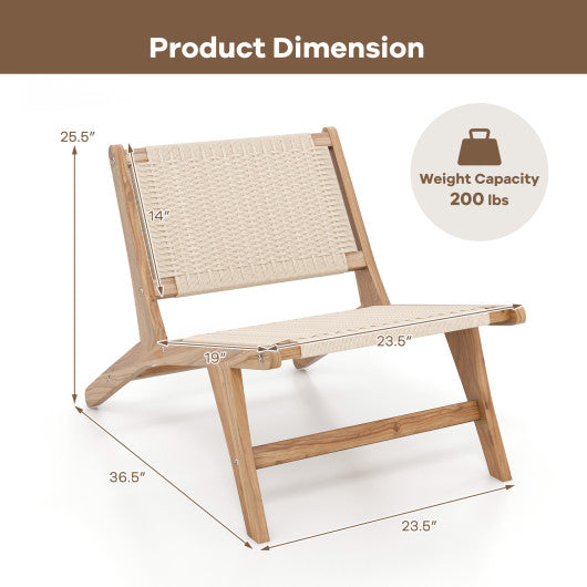 Teak Wooden Chair with Braided Rope Seat and Backrest for Backyard
