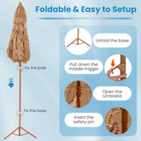 6.5 Feet Thatched Tiki Umbrella with Foldable Stand Push Button Tilt-Natural