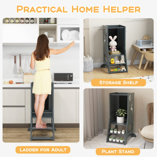 Toddler Kitchen Stool Helper Baby Standing Tower with Chalkboard and Whiteboard-Gray