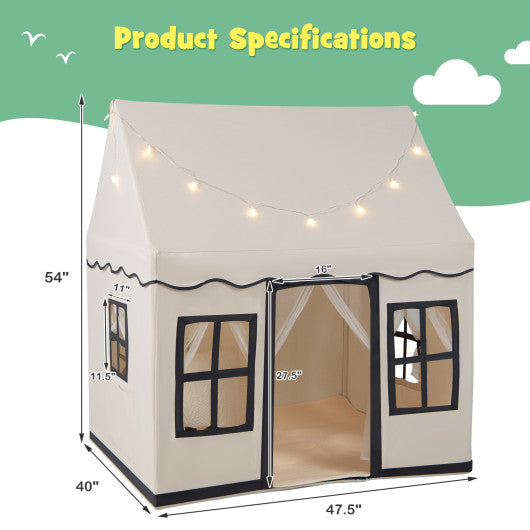 Toddler Large Playhouse with Star String Lights-Beige