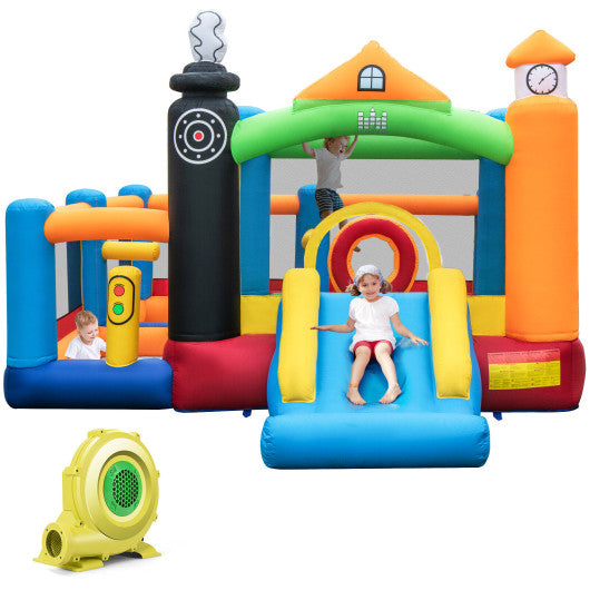 Train Themed Kids Bouncer with Slide and Basketball Hoop with 950W Air Blower