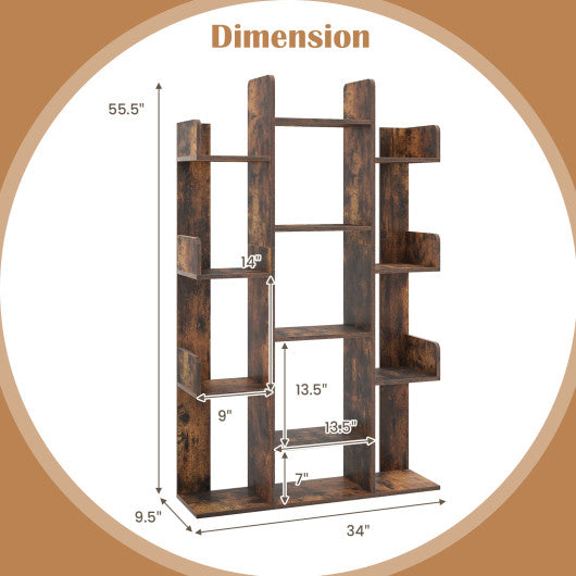 Tree-Shaped Bookshelf with 13 Compartments for Home Office-Rustic Brown