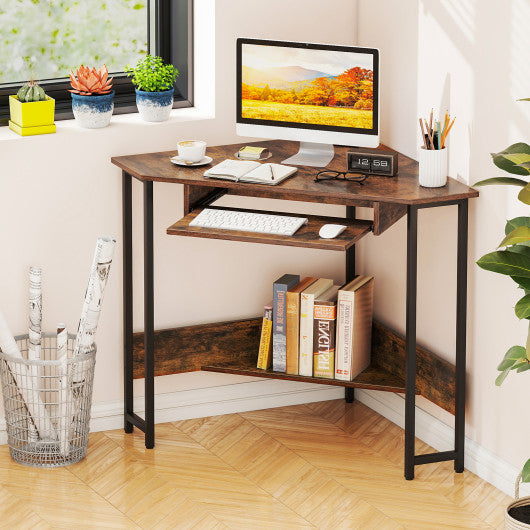 Triangle Corner Desk with Charging Station Keyboard Tray and Storage Shelf-Rustic Brown