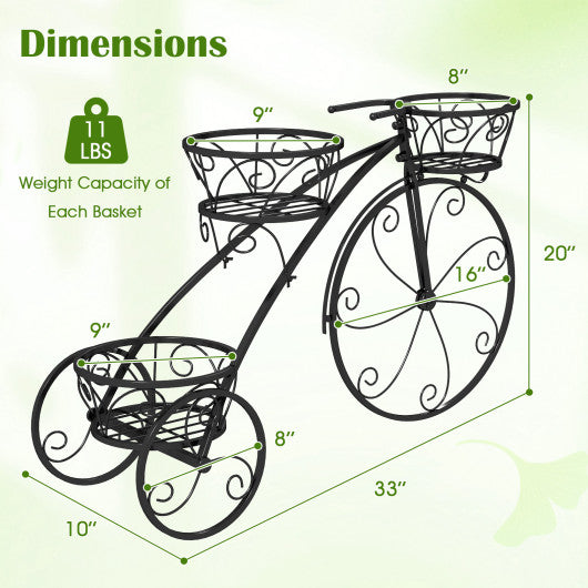 Tricycle Plant Stand Flower Pot Cart Holder with 3 Hollowed Baskets-Black