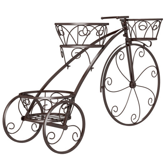 Tricycle Plant Stand Flower Pot Cart Holder with 3 Hollowed Baskets-Bronze