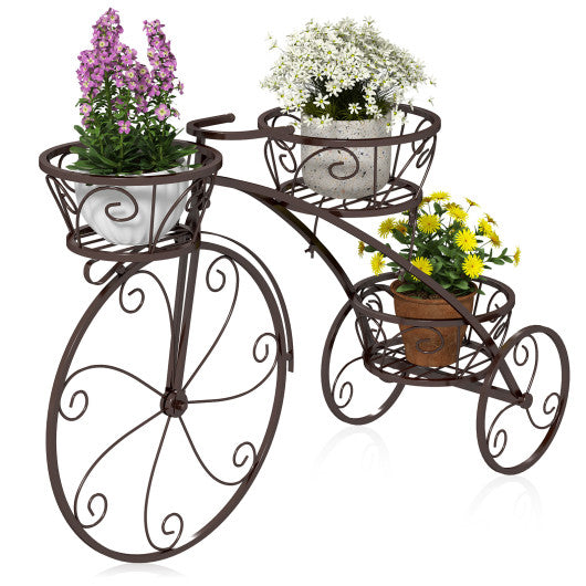 Tricycle Plant Stand Flower Pot Cart Holder with 3 Hollowed Baskets-Bronze