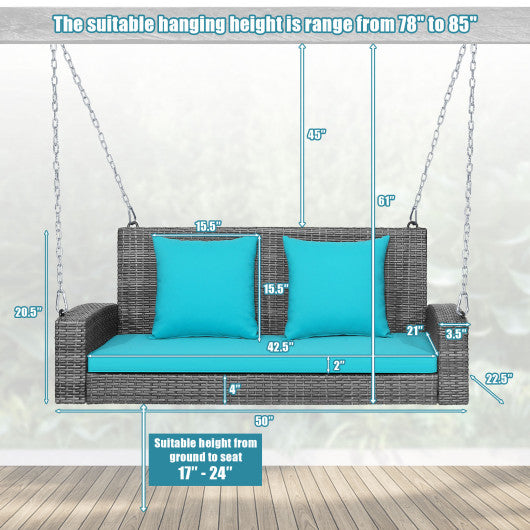 2-Person Patio PE Wicker Hanging Porch Swing Bench Chair Cushion 800 Pounds-Turquoise