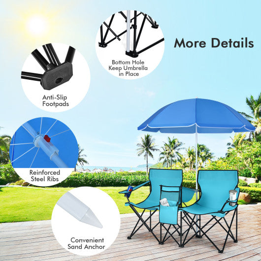 Portable Folding Picnic Double Chair With Umbrella-Turquoise