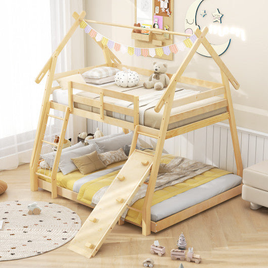 Twin Over Queen Bunk Bed Wooden Kids Bed with Climbing Nets and Ramp-Natural
