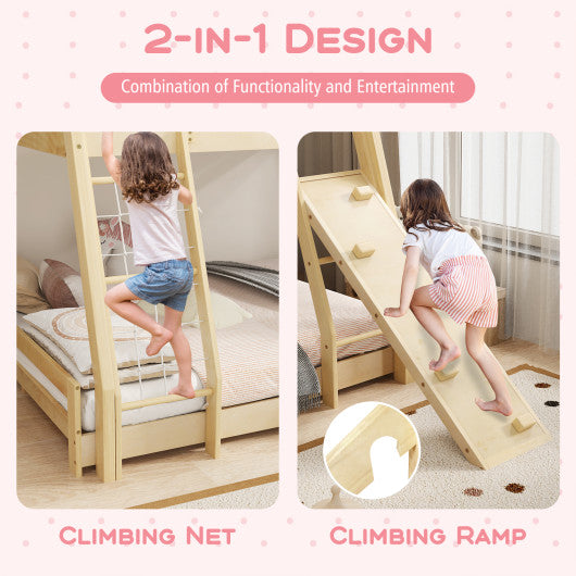 Twin Over Queen Bunk Bed Wooden Kids Bed with Climbing Nets and Ramp-Natural