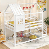 Twin House Bed with Stairs and Roof for Kids-White