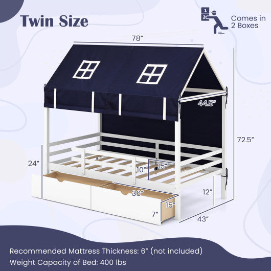 Twin House Bed with Tent and 2 Storage Drawers for Kids-White