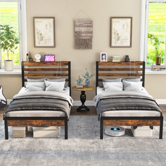 Full/Queen Size Bed Frame with Charging Station and Storage Headboard-Twin Size