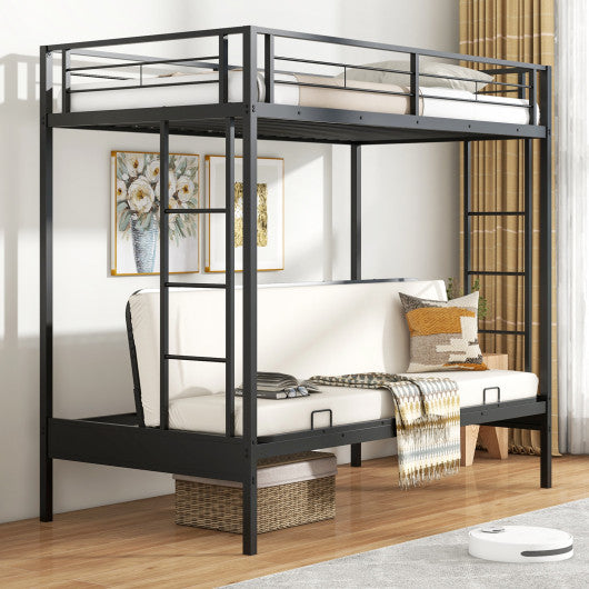 Twin Over Futon Bunk Bed with 2 Ladders and Safety Guardrails-Black