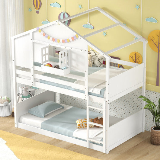 Twin Over Twin Bunk Bed for Kids with Roof and Lockable Window-White