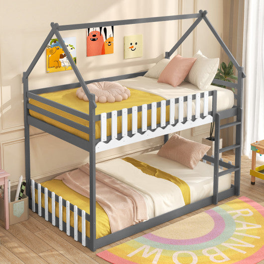 Twin Over Twin Bunk Bed with Fence and Ladder for Kids-Gray