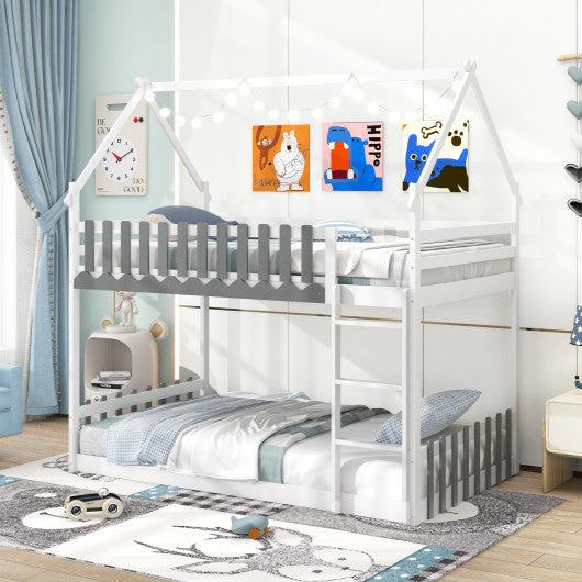 Twin Over Twin Bunk Bed with Fence and Ladder for Kids-White
