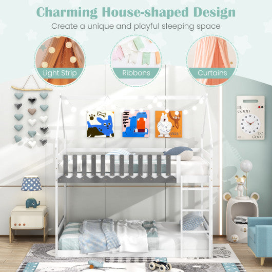 Twin Over Twin Bunk Bed with Fence and Ladder for Kids-White