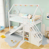 Twin Over Twin Bunk Bed with Slide and Staircase-White