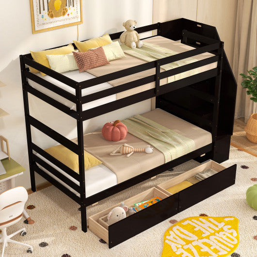 Twin Over Twin Bunk Bed with Storage Stairs and Drawers-Coffee