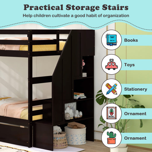 Twin Over Twin Bunk Bed with Storage Stairs and Drawers-Coffee