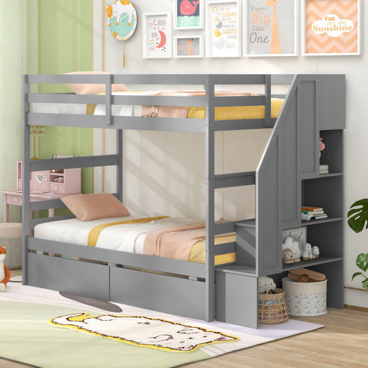 Twin Over Twin Bunk Bed with Storage Stairs and Drawers-Gray