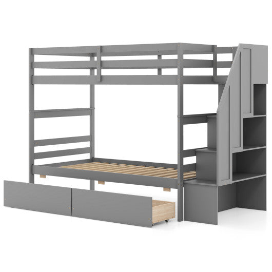 Twin Over Twin Bunk Bed with Storage Stairs and Drawers-Gray