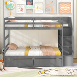 Twin Over Twin Bunk Bed with Storage Stairs and Drawers-Gray