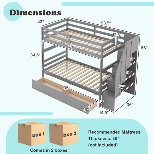 Twin Over Twin Bunk Bed with Storage Stairs and Drawers-Gray